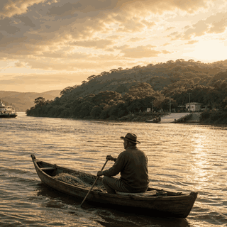 Pescador do Farol passando pelo Rio Uruguai em sua canoa